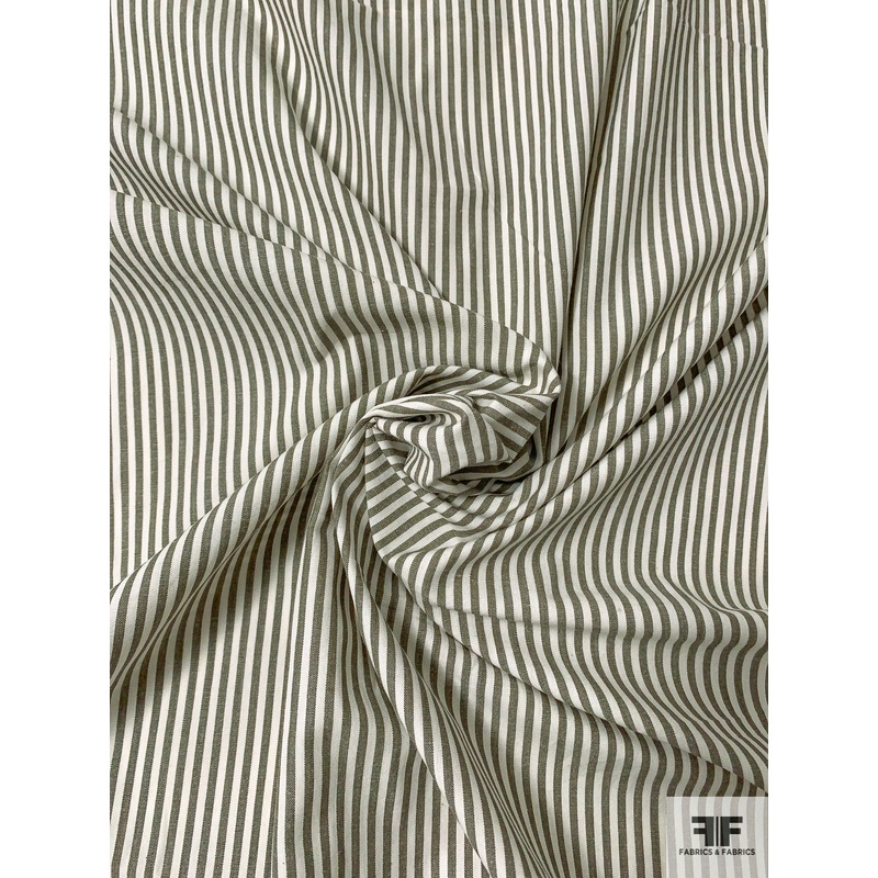 Vertical Railroad Striped Laundered Cotton Shirting - Olive-Grey / Off-White