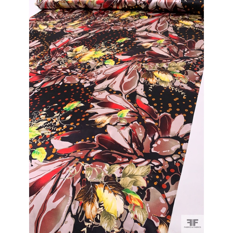 Bubbles and Floral Printed Silk Charmeuse - Black / Reds / Taupe / Green / Yellow