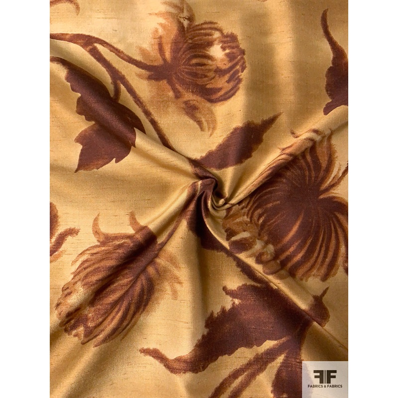 Cloudy Floating Floral Printed Silk Shantung - Copper Brown / Copper Gold