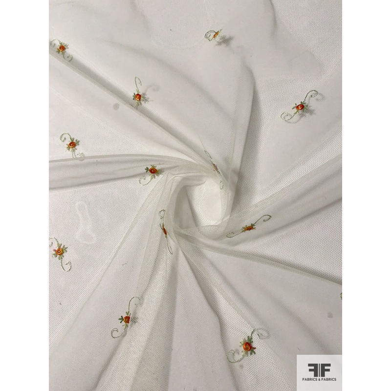 French Scalloped Border Pattern Floral Embroidered Tulle - Cream / Green / Orange