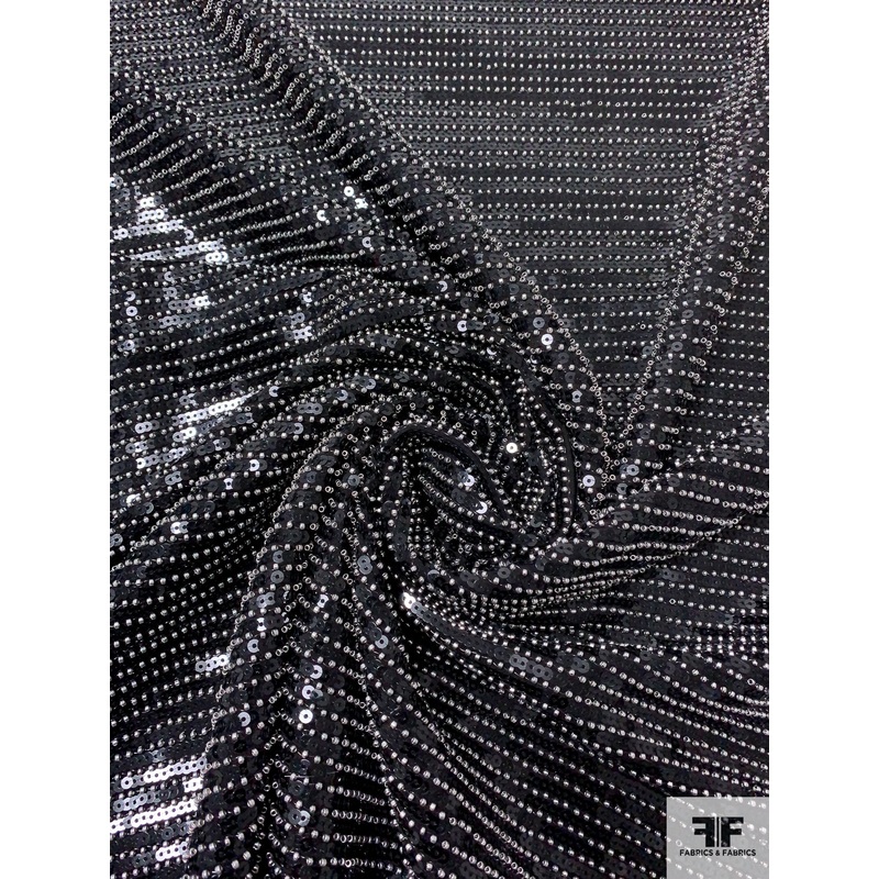 Sequins and Grey Beads on Fused Stretch Netting - Black
