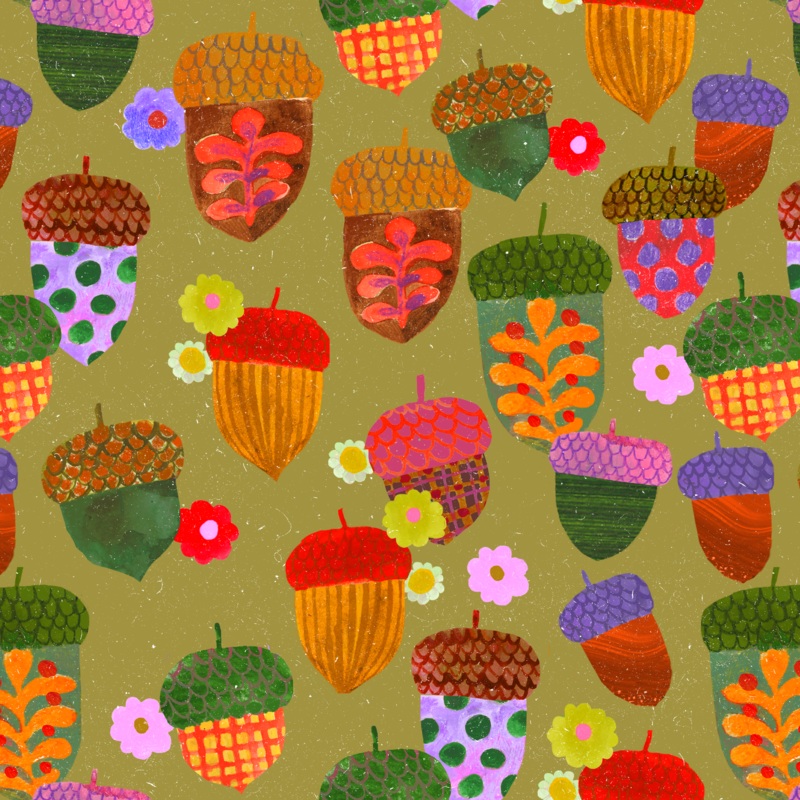 Shannon Snow Colorful Acorns on Green Fabric