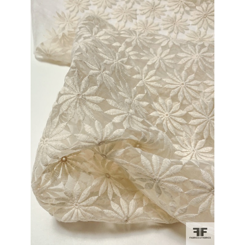 Sunflower Embroidered Polyester Organza - Ivory / White