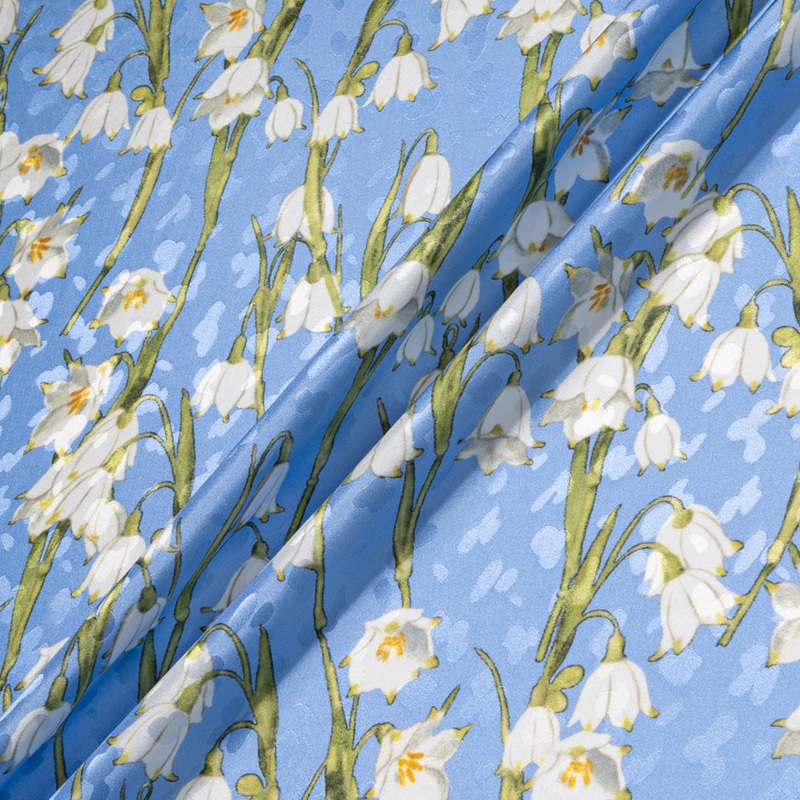 White Lily of the Valley Sky Blue Silk Jacquard