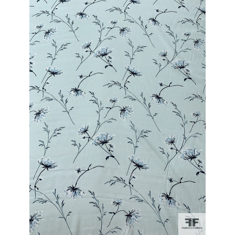 Delicate Floral Matte-Side Printed Silk Charmeuse - Light Aqua / Teal / Off-White