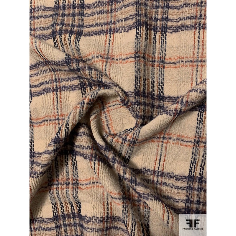 Italian Plaid Textured Jacket Weight Wool Suiting with Mohair Yarns - Light Khaki / Navy / Brown / Saddle