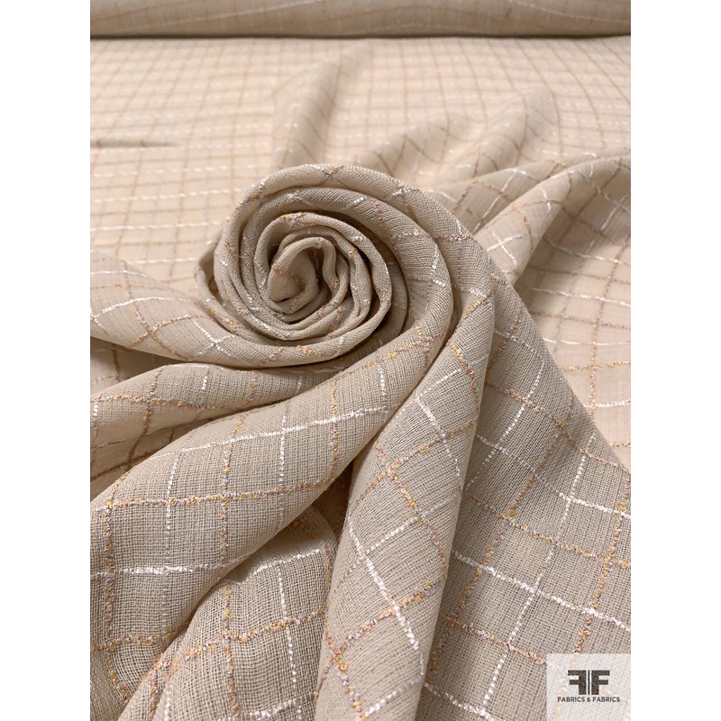 Italian Plain-Weave Virgin Wool Blend Suiting with Textured Windowpane Design - Beige / Marigold / Off-White