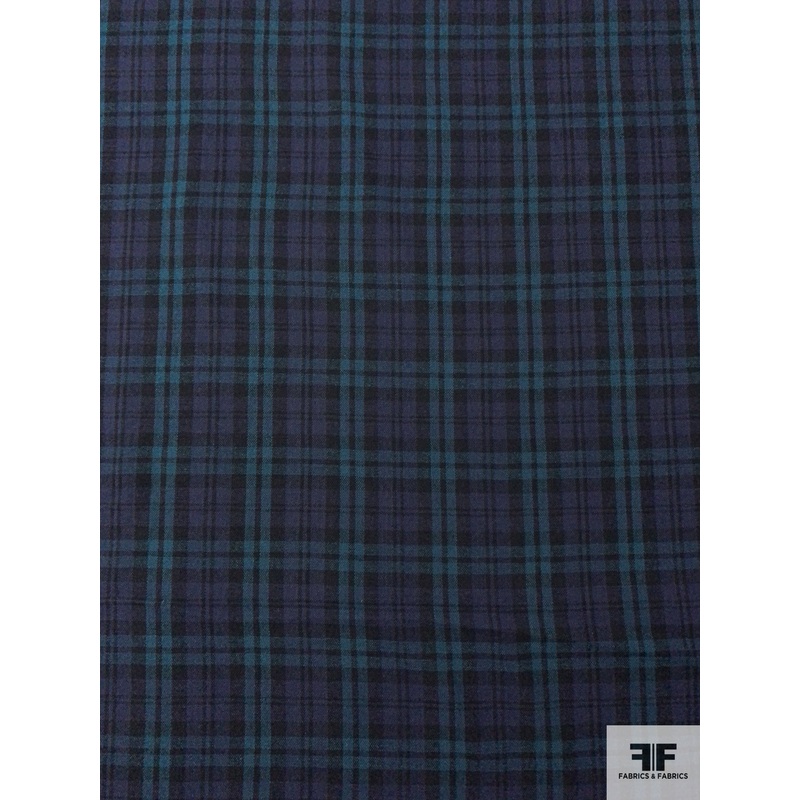 Plaid Plain-Weave Lightweight Wool Blend Suiting - Teal / Navy / Black
