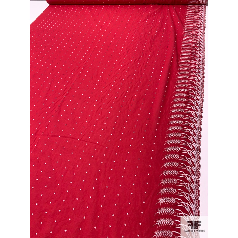 Scalloped Border Pattern Wheat Stalks and Dotted Embroidered Eyelet Cotton Lawn - Red / White