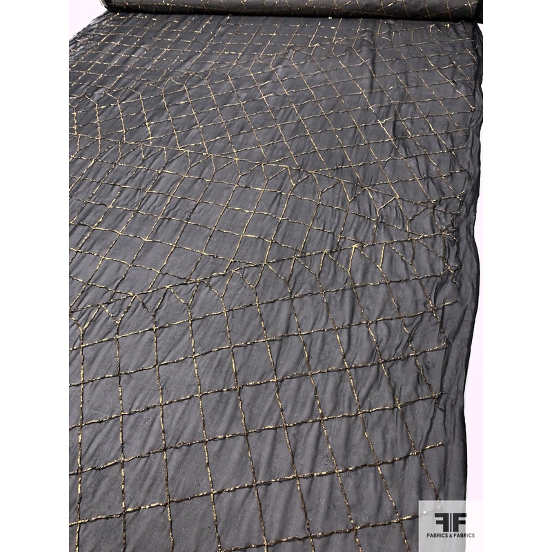 Silk Chiffon with Textured Gold Foil Metallic Embroidery - Black / Gold