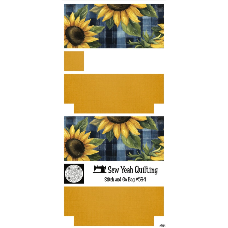 Stitch & Go Bag #594 - Flowers Sunflowers & Blue Plaid on Gold