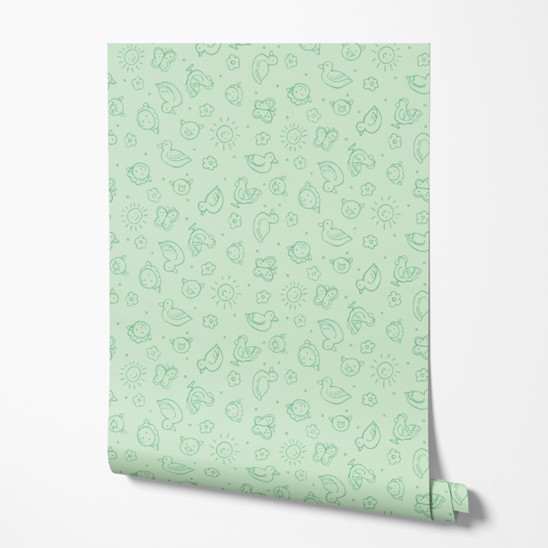 Susan Winget Barnyard Animal Doodle on Green Wallpaper