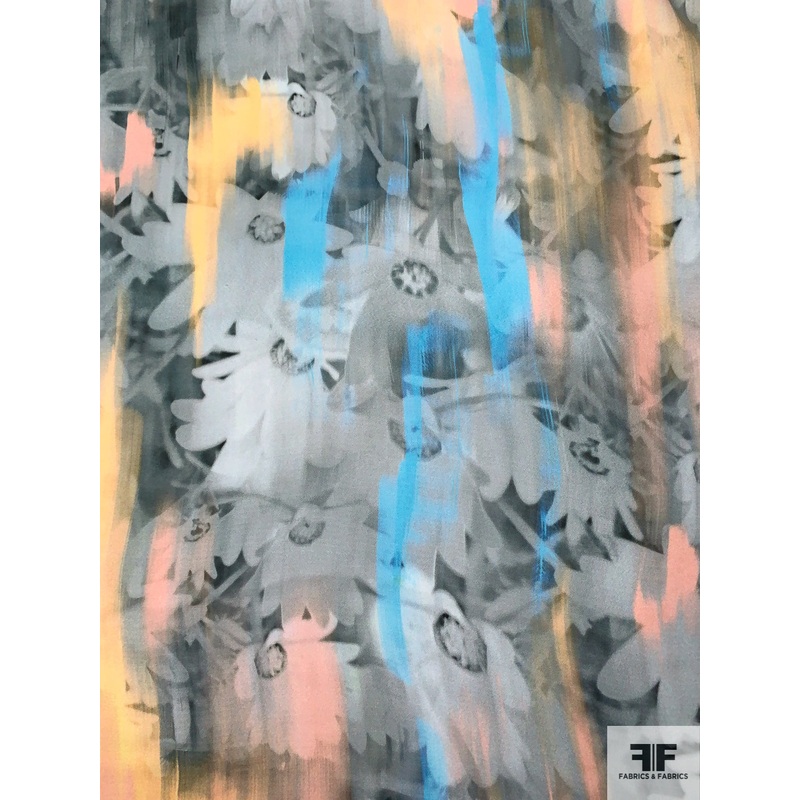 Abstract Hazy Floral Painterly Printed Silk Georgette - Summer Blue / Coral / Peach / Greys