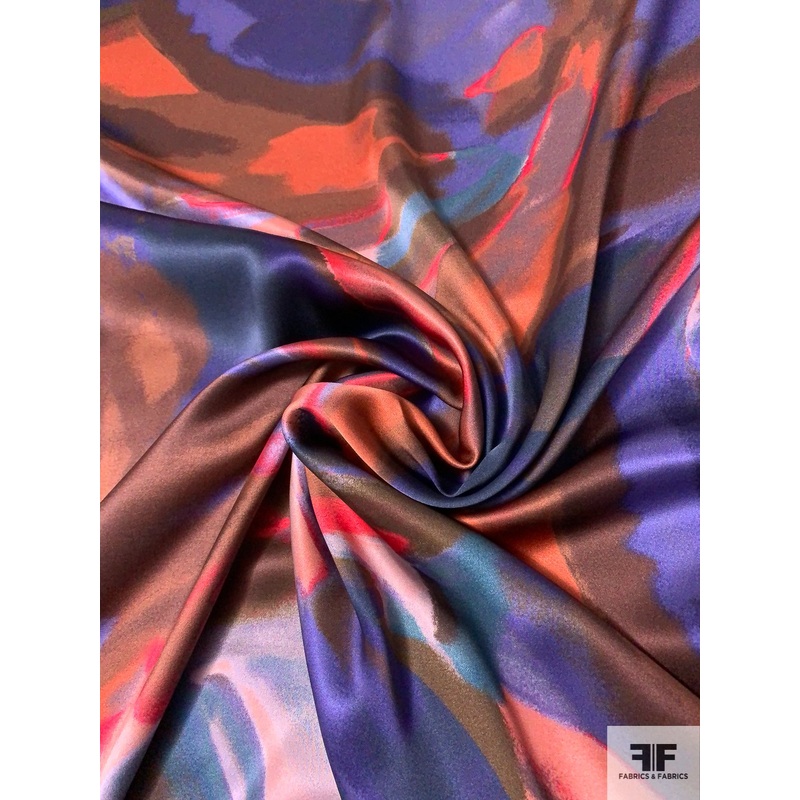 Abstract Painterly Printed Silk Charmeuse - Hues of Purple / Brown / Coral