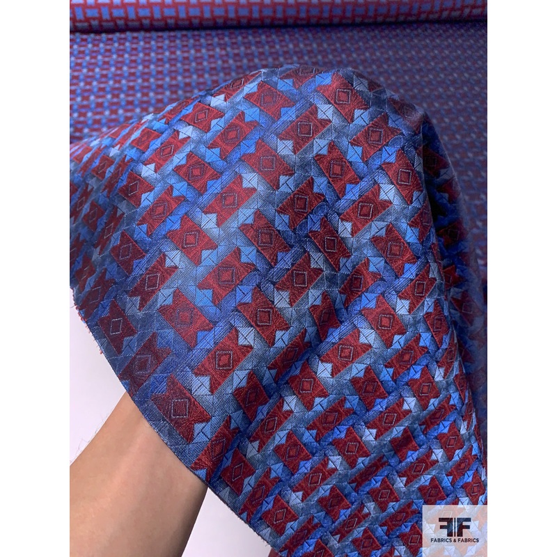 Directional Rectangles Silk Necktie Jacquard Brocade - Maroon / Blue
