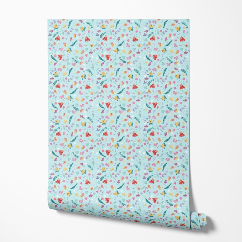 Disney The Little Mermaid Cute Underwater Friends Pattern on Blue Wallpaper