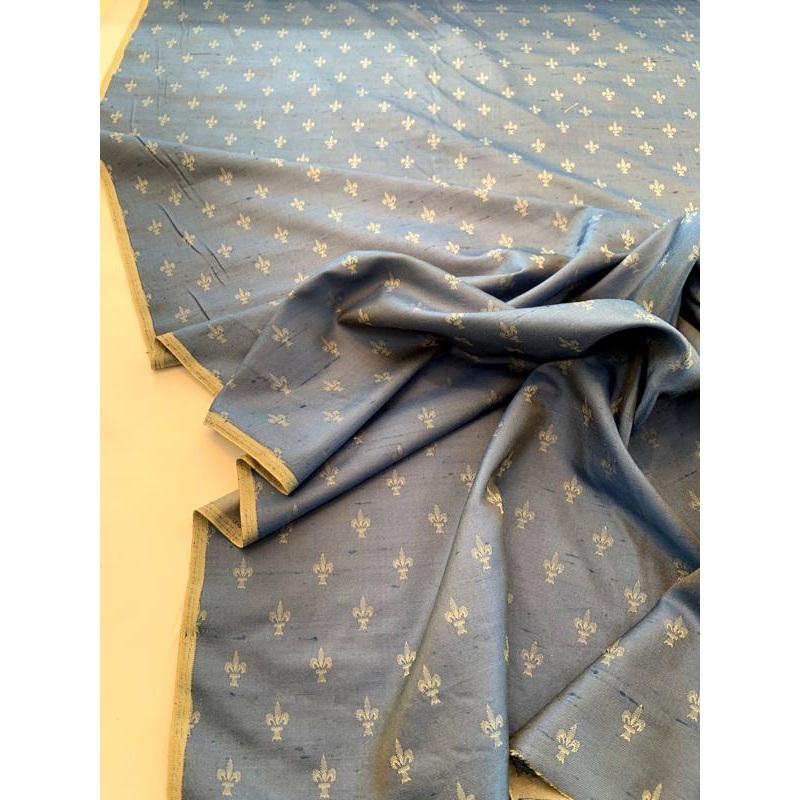 Fleur-de-Lis Jacquard Silk Shantung - Blue / Lime Gold