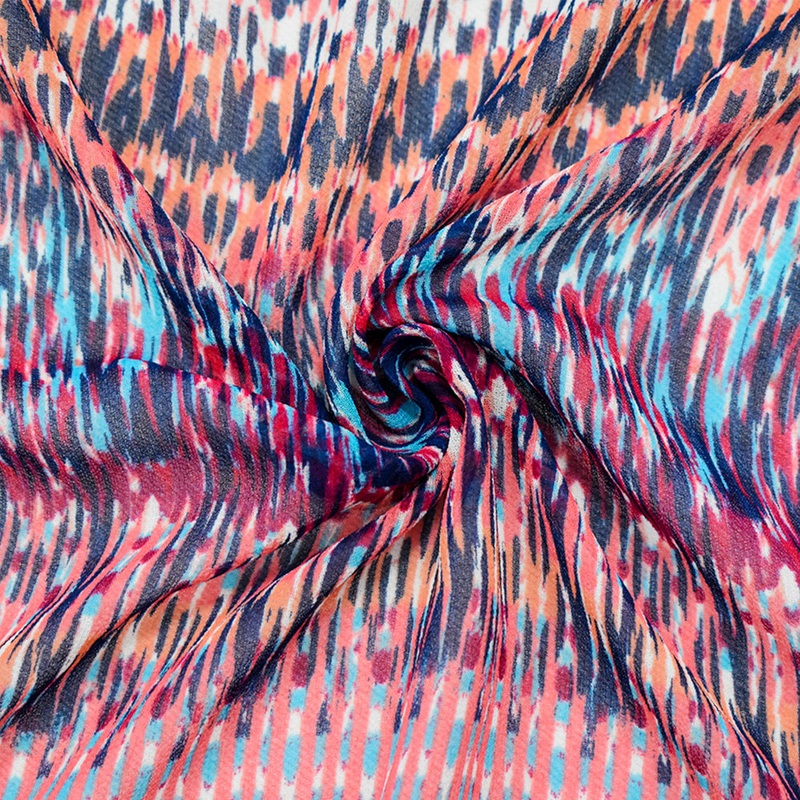 Navy-Coral-Multi Poly Aztec Ikat Pattern Printed Chiffon Woven Fabric