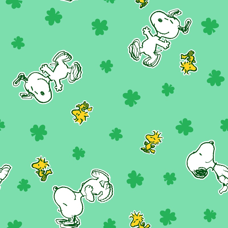 Peanuts Snoopy & Woodstock Green Shamrock Fabric