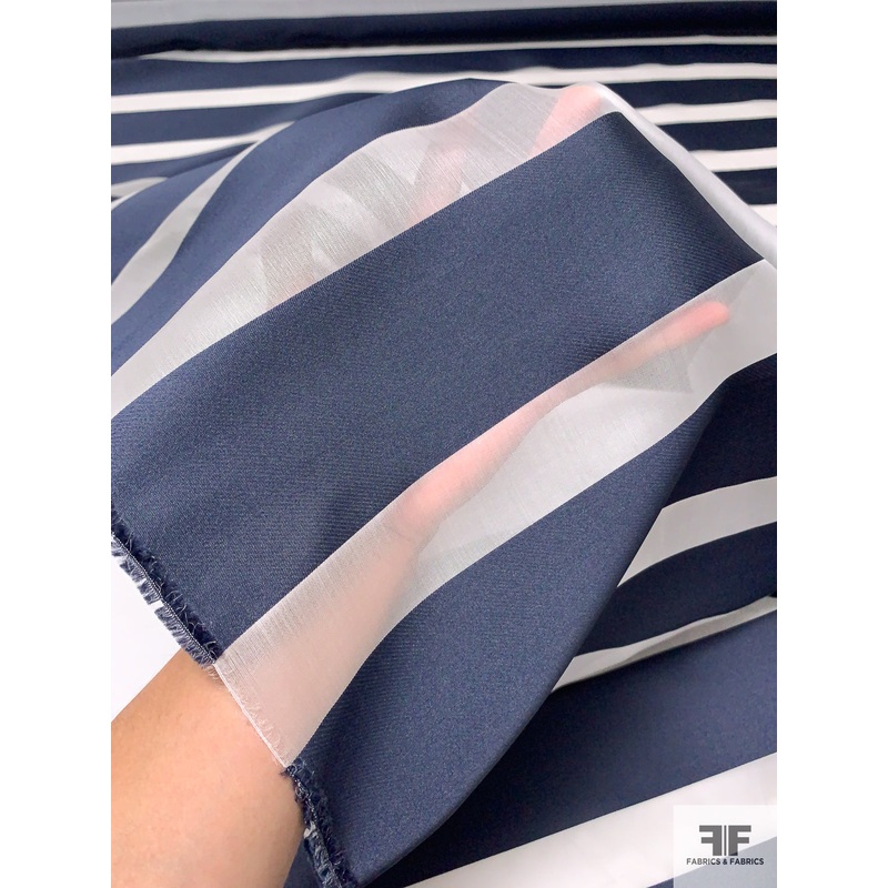 Satin Striped Silk Organza - Navy / Off-White