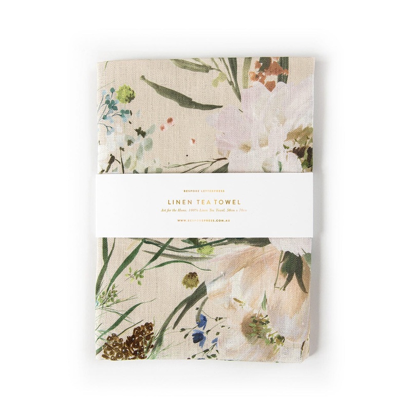 Summer Peonies Linen Tea Towel in Blush