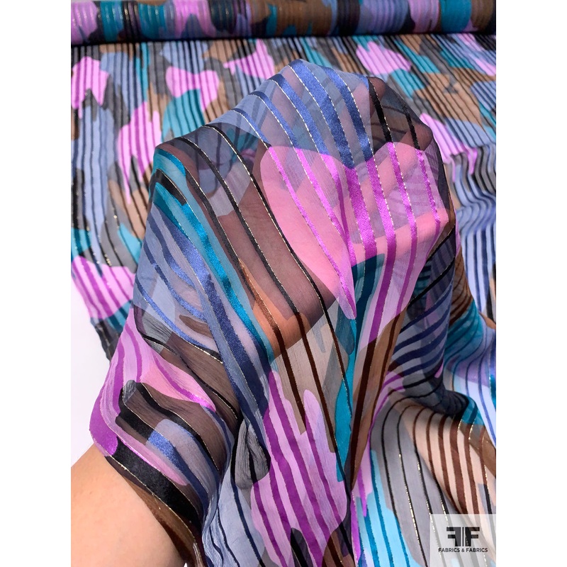 Abstract Printed Satin Striped Silk Chiffon with Gold Lurex Pinstripes - Teal / Orchid / Brown / Black