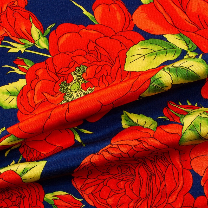 Bold Red Floral Printed Dark Blue Silk Crpe