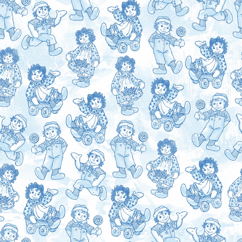 Raggedy Ann and Andy Character Poses Blue Fabric