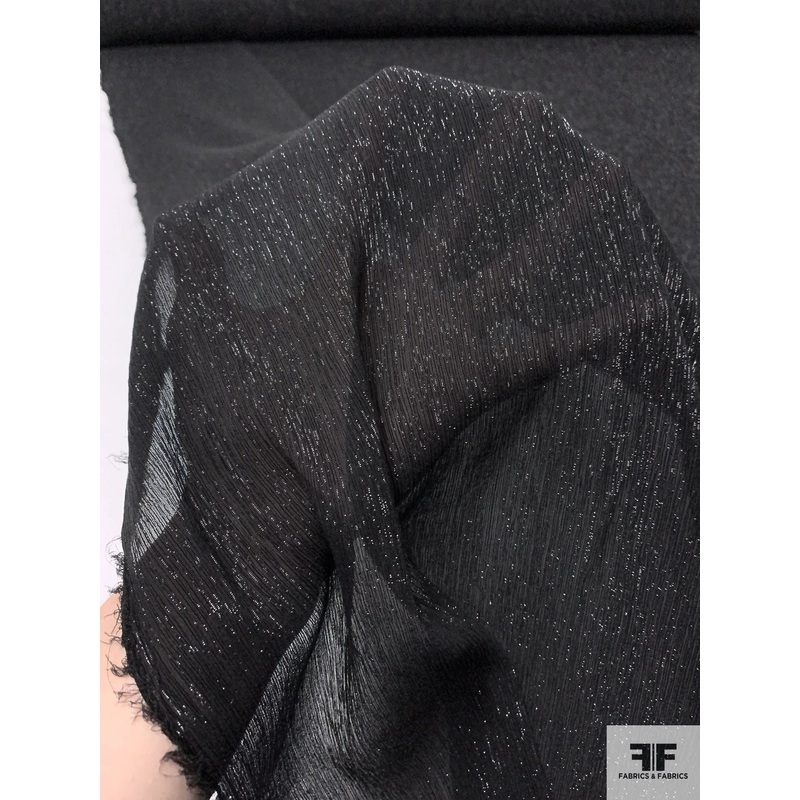 Solid Crinkled Metallic Silk Chiffon - Black