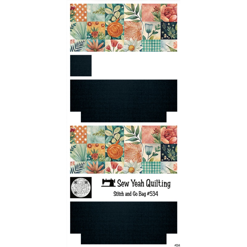 Stitch & Go Bag #534 - Flower Patchwork Orange & Teal Palette on Deep Navy Blue