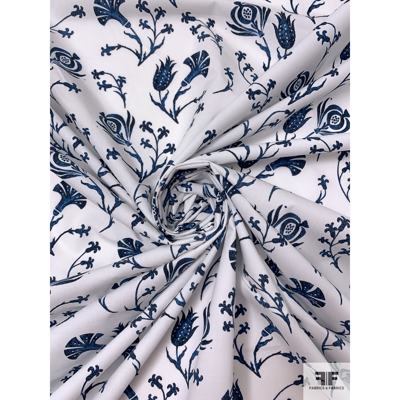 Tassled Floral Printed Cotton Lawn - Navy Blue / White