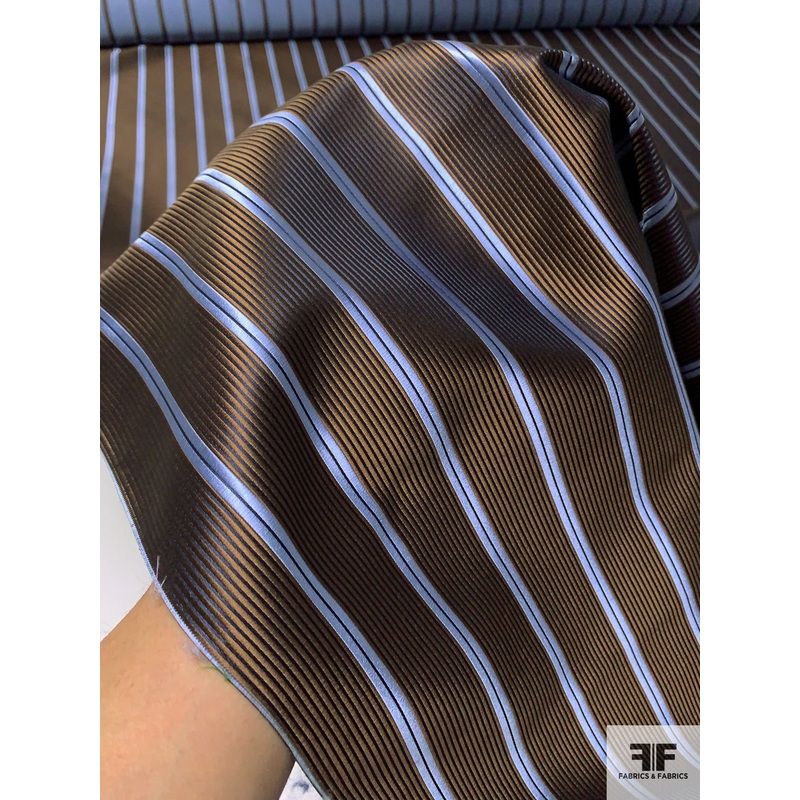 Vertical Striped Silk Necktie Jacquard Brocade - Sky Blue / Navy / Brown