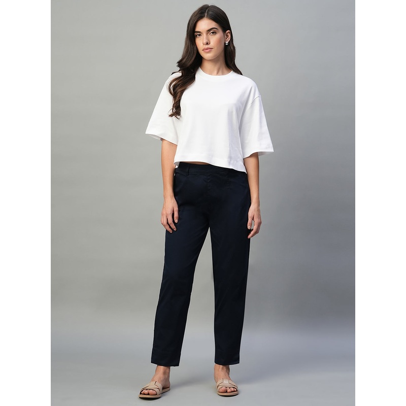 Women's Navy Cotton Lycra Regular Fit Pant NAVY